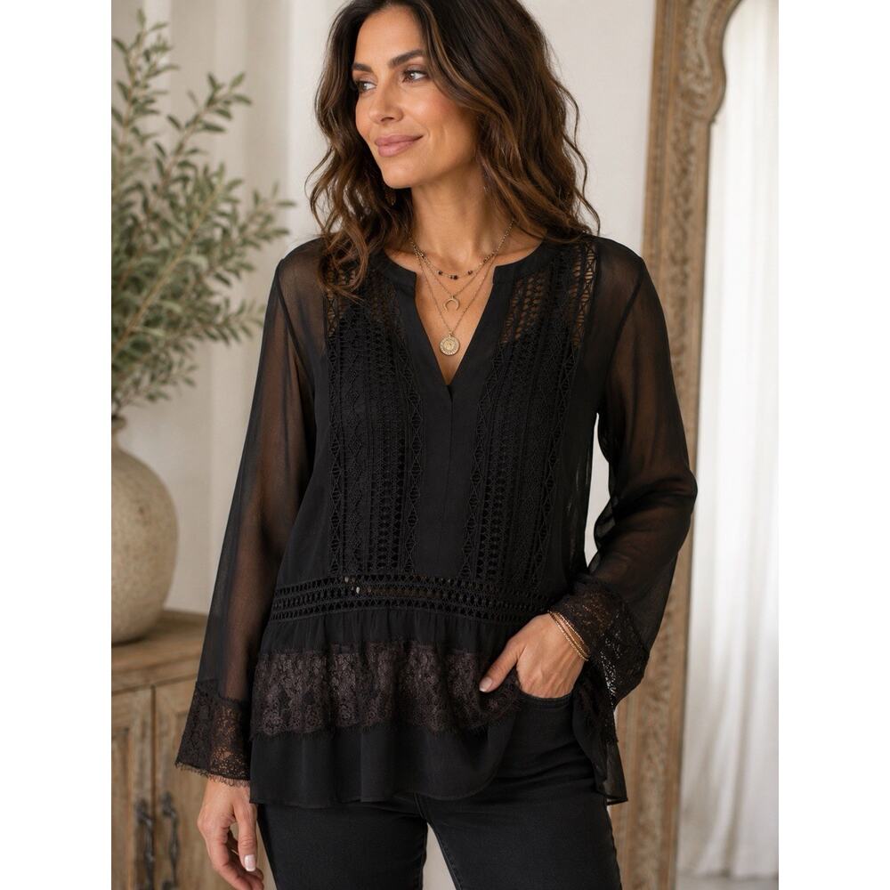 Chico’s Black Lace Sheer Blouse Womens Small Boho Goth Romantic Mesh Tunic Top